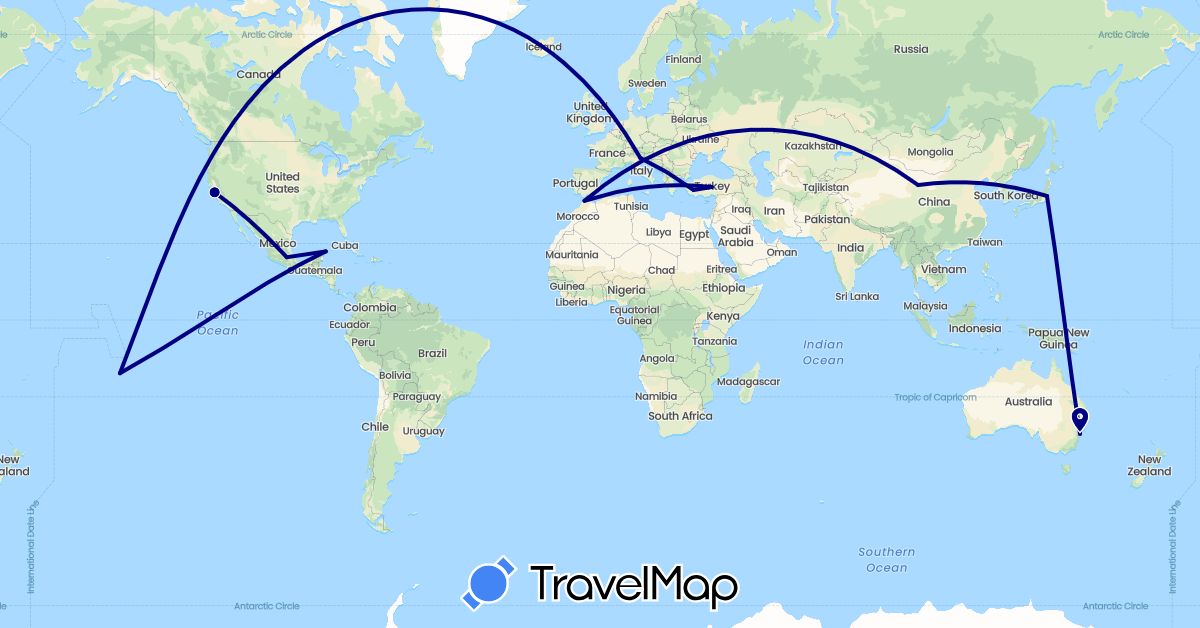 TravelMap itinerary: driving in Australia, China, France, Italy, Japan, Morocco, Mexico, Turkey, United States (Africa, Asia, Europe, North America, Oceania)